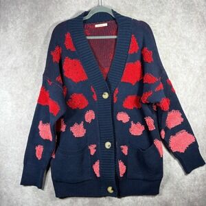 ANDTHEWHY Cardigan Women S/M Navy Red Pink Polka Dot Oversized Knit Button Front